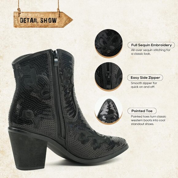 JABASIC Women Black Western Cowboy Ankle Boots Low Cowgirl with Zipper - Picture 5 of 7